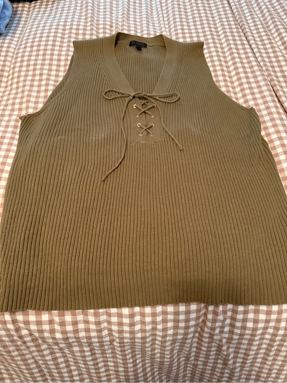 J. Crew Lace-Up Ribbed Knit Sleeveless Sweater- Olive, XL